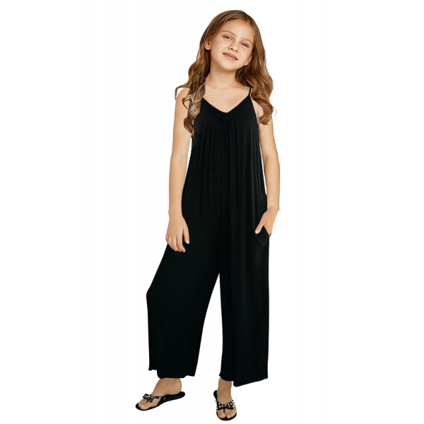 Black Spaghetti Strap Wide Leg Girl Jumpsuit with Pocket