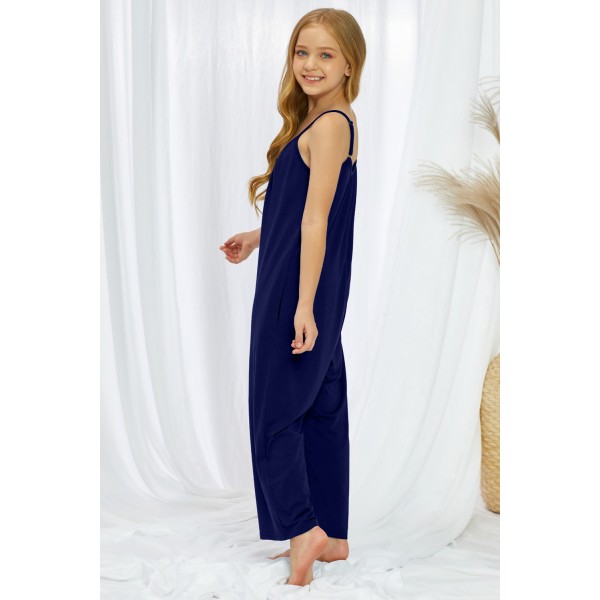 Blue Spaghetti Strap Wide Leg Girl Jumpsuit with Pocket