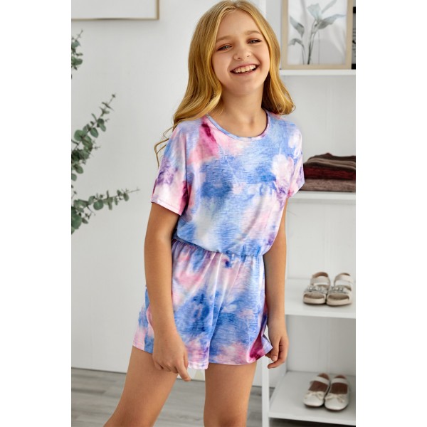 Sky Blue Tie-dye Short Sleeve Little Girl Romper