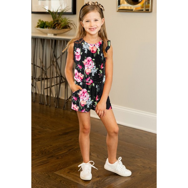 Black Floral Print Ruffled Sleeveless Girls Romper