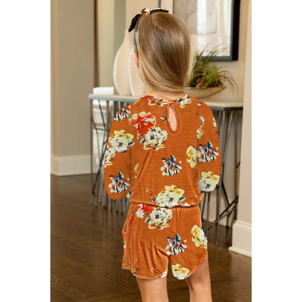 Orange Little Girls Floral Long Sleeve Romper