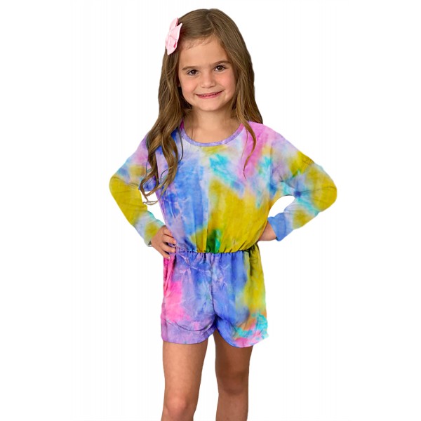 Yellow Long Sleeve Elastic Waist Tie-dye Girl Romper