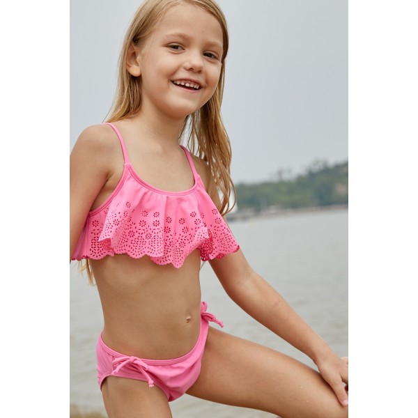 Pink Hollow-out Ruffles Overlay Girls Bikini Set