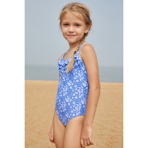 Blue White Paisley Print Little Girl Maillot with Ruffle
