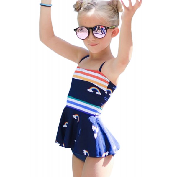 Rainbow Stripes Print Peplum Little Girls Swimsuit