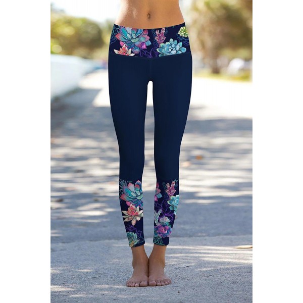 Navy Floral Printed Details Leggings Yoga Pants
