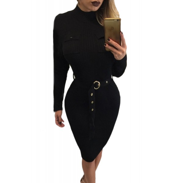 Black High Neck Rib Knitted Midi Dress with Belt
