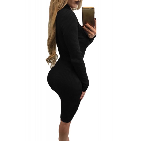 Black High Neck Rib Knitted Midi Dress with Belt
