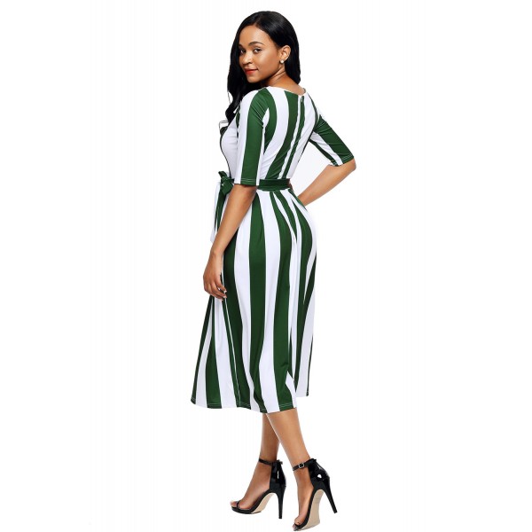 Olive Stripe Print Half Sleeve Belted Dress