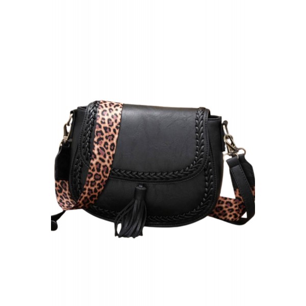Leopard Belt Tassel Braided PU Leather Crossbody Bag 25*7*19cm
