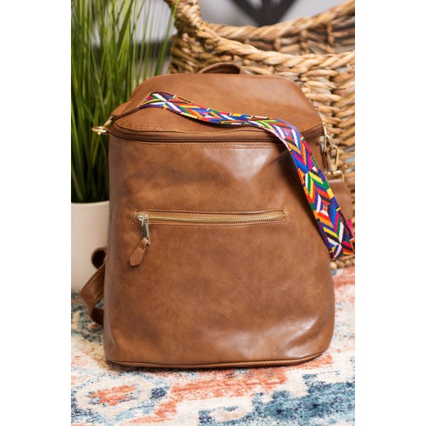 Brown Color Strap Faux Leather Backpack