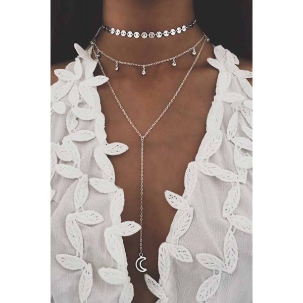 Studded Moon Pattern Link Necklace