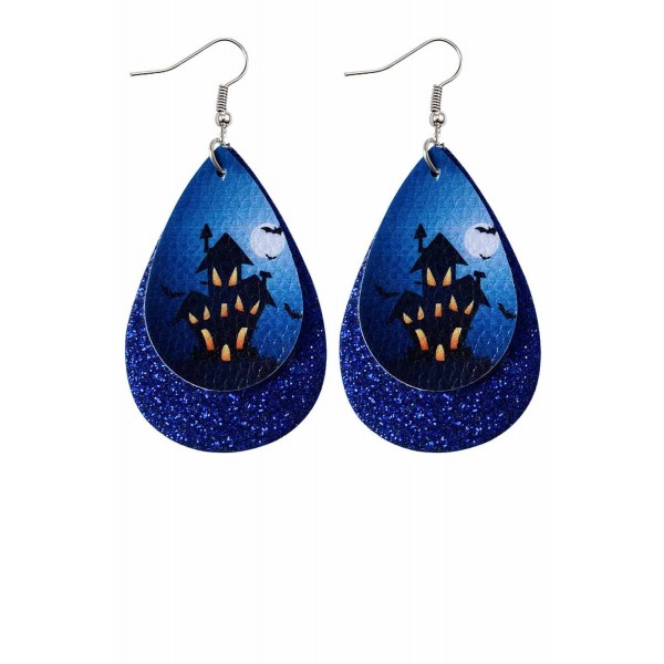 Dark Blue Halloween Haunted House Print Sequins Double Earrings