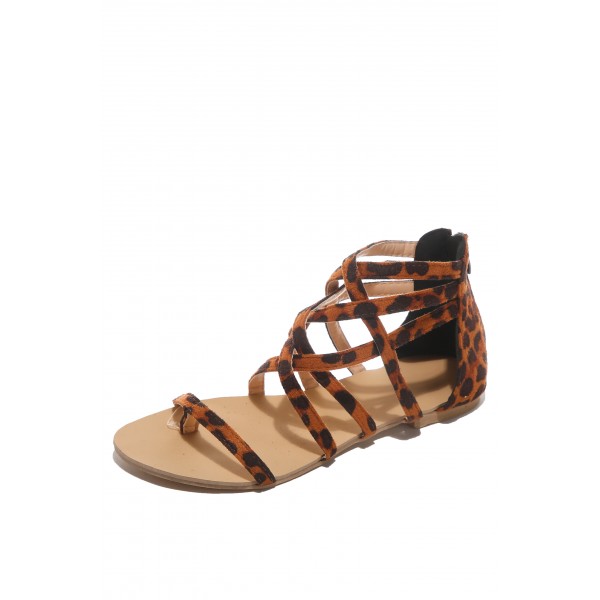 Brown Leopard Summer Cross-Tied Zipper Flat Sandals