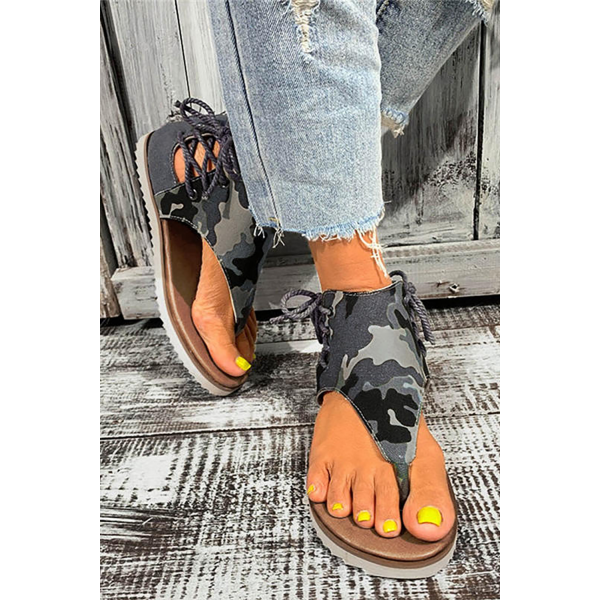 Zipper Lace Up Camo Print Flat Sandals