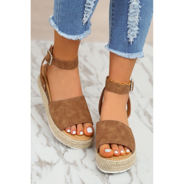 Brown Open Toe Ankle Strap Buckle PU Thick Bottom Wedge Sandals