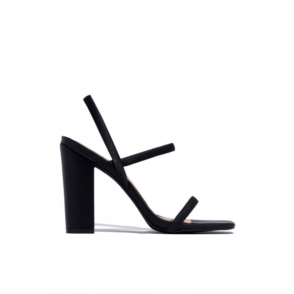 Black Strappy Square Toe Chunky Heel Sandals