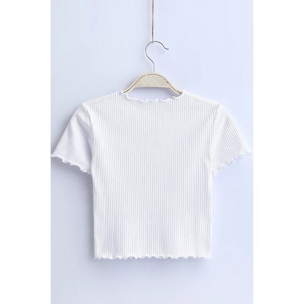 White Curled Hem Short Sleeve Ribbed Knit Crop Top