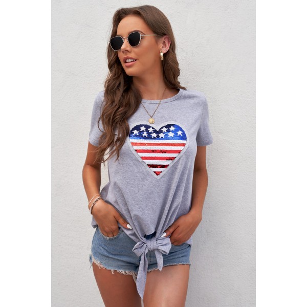 Mommy Patriotic Flag Sequin Heart Applique Knot Top
