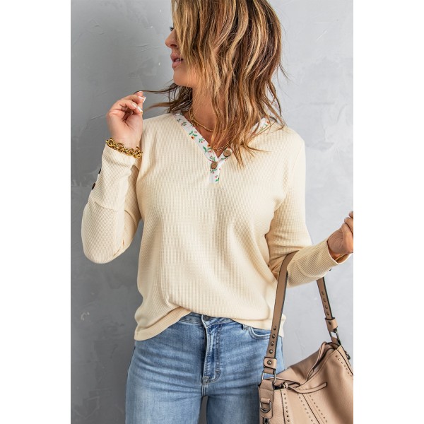Floral Patchwork Button Waffle Knit Long Sleeve Top