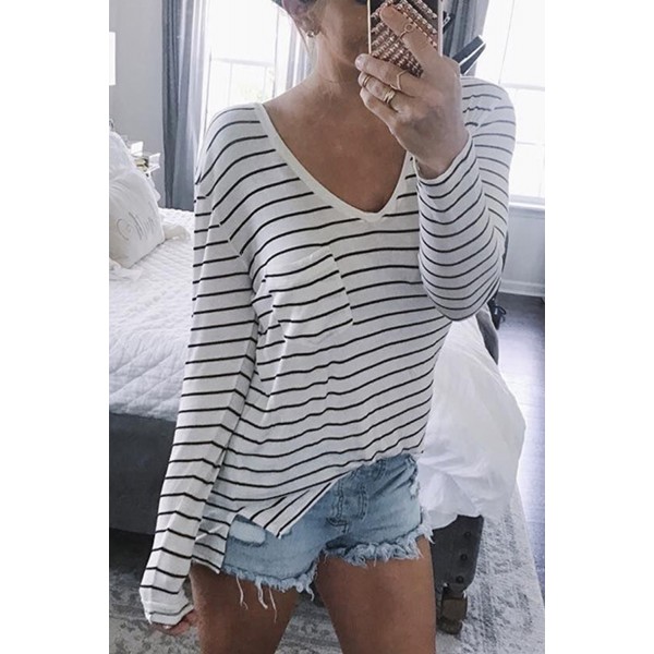 Striped V Neck Long Sleeve Top