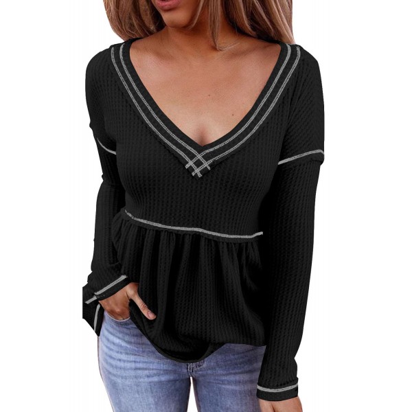 Black V Neck Long Sleeve Colorblock Waffle Babydoll Top