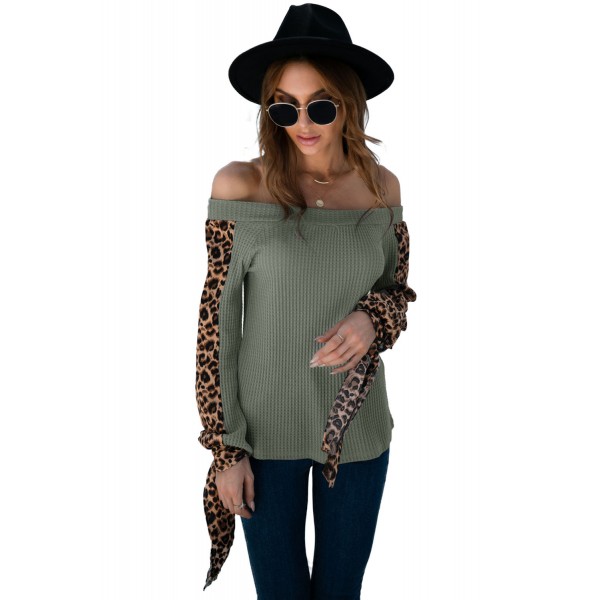Contrast Leopard Sleeve Off Shoulder Top