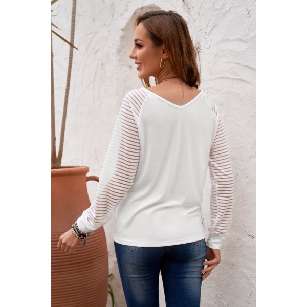 White Sheer Stripe V-Neck Top