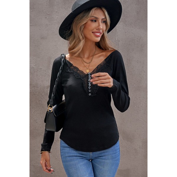 Black Lace Patchwork Ribbed Long Sleeve Top