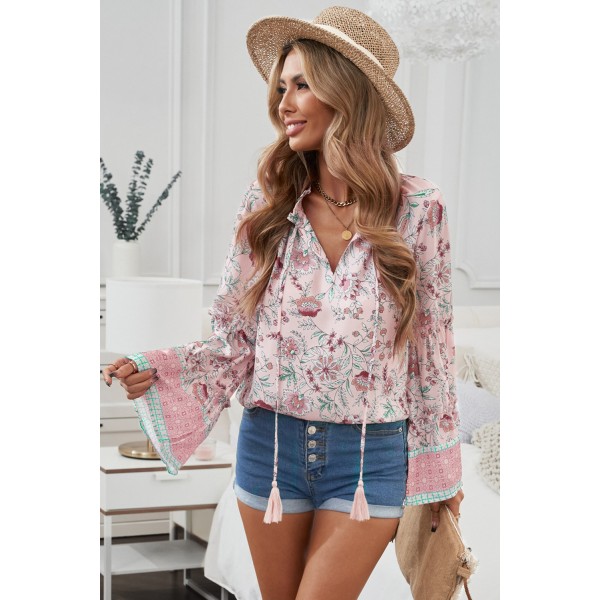 Pink Floral Print V Neck Drawstring Flared Sleeve Top