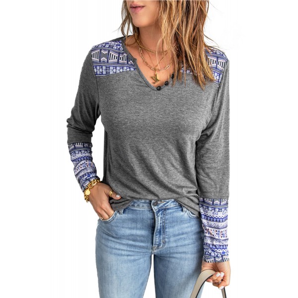 Gray Aztec Patch Button V Neck Blouse