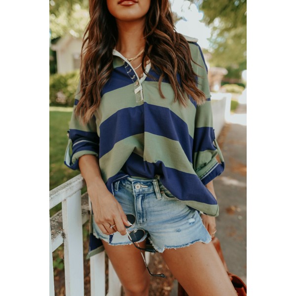 Striped Colorblock Turn-down Button Tab-sleeve Top with Slits