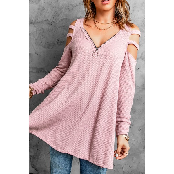 Pink Zip Neck Cut-out Waffle Knit Long Sleeve Top
