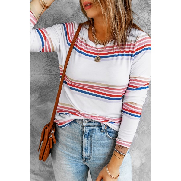 White Stripe Print Crew Neck Long Sleeve Top